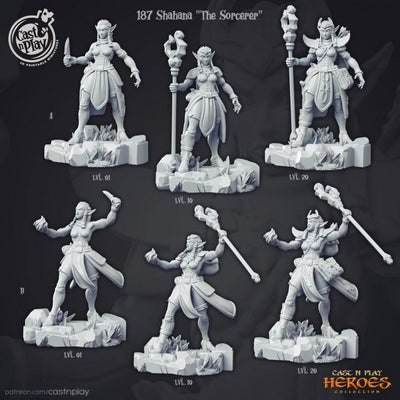 Shahana The Sorceress comes in two Poses (A and B) and 3 levels (1, 10, 20)